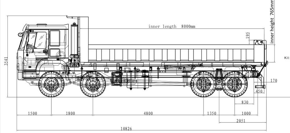 Technical drawing for HOWO 7 tipper: